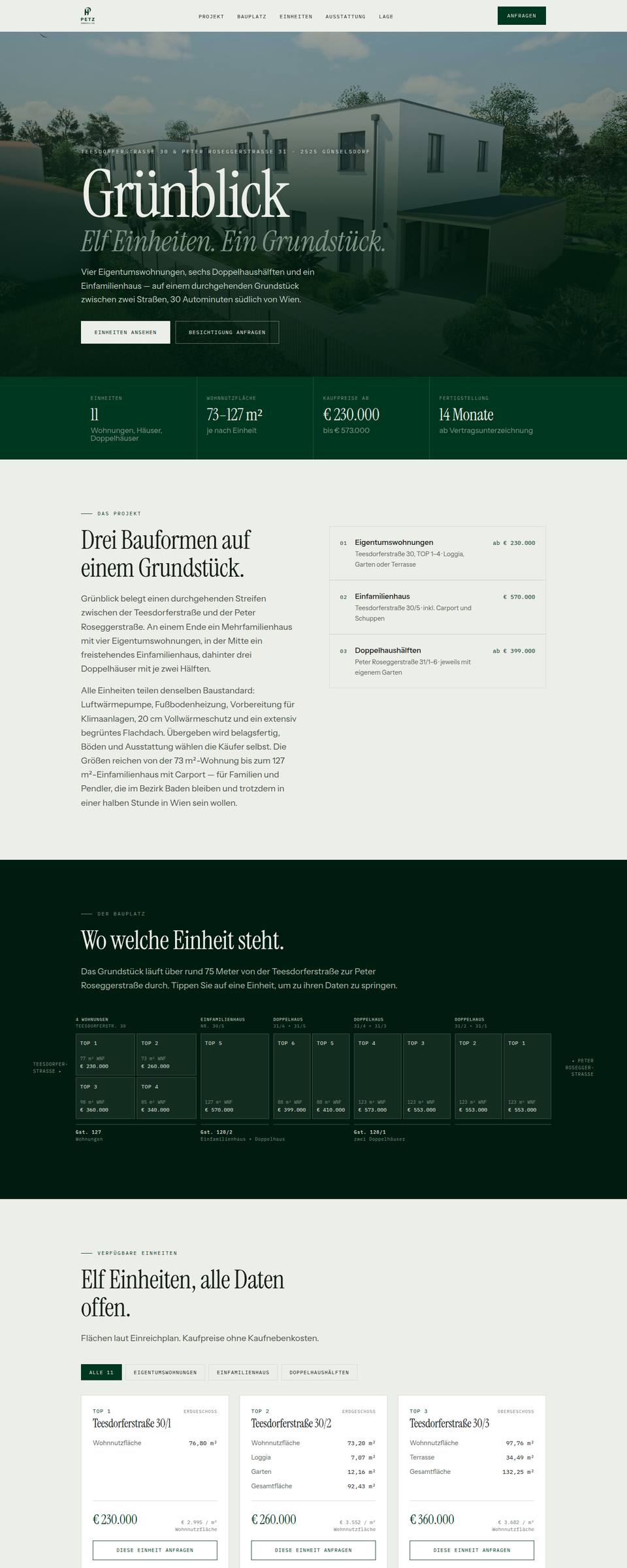 Projektwebsite Grünblick Günselsdorf, Startseite und Unterseiten